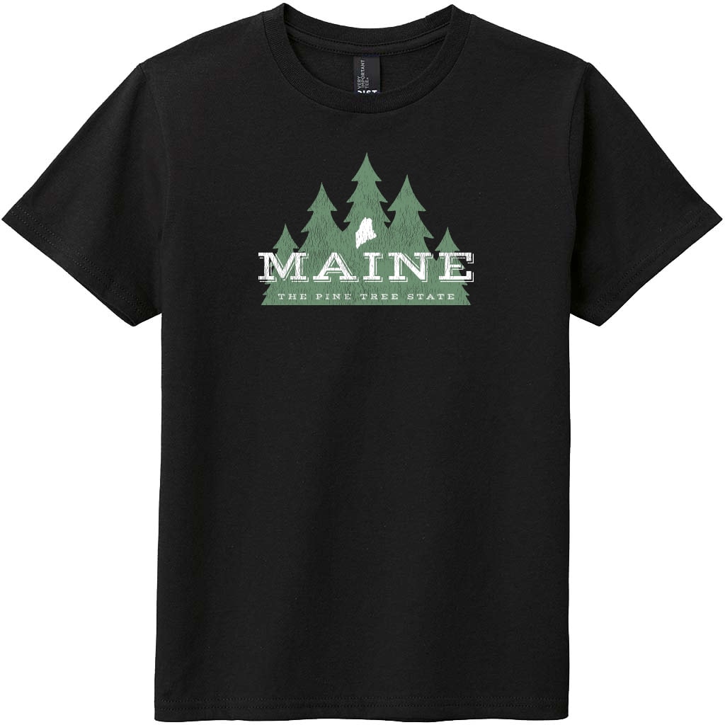 Maine The Pine Tree State Youth T-Shirt Black - US Custom Tees