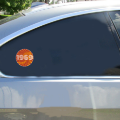 1969 Psychedelic Circle Car Sticker shown on a vehicle rear window