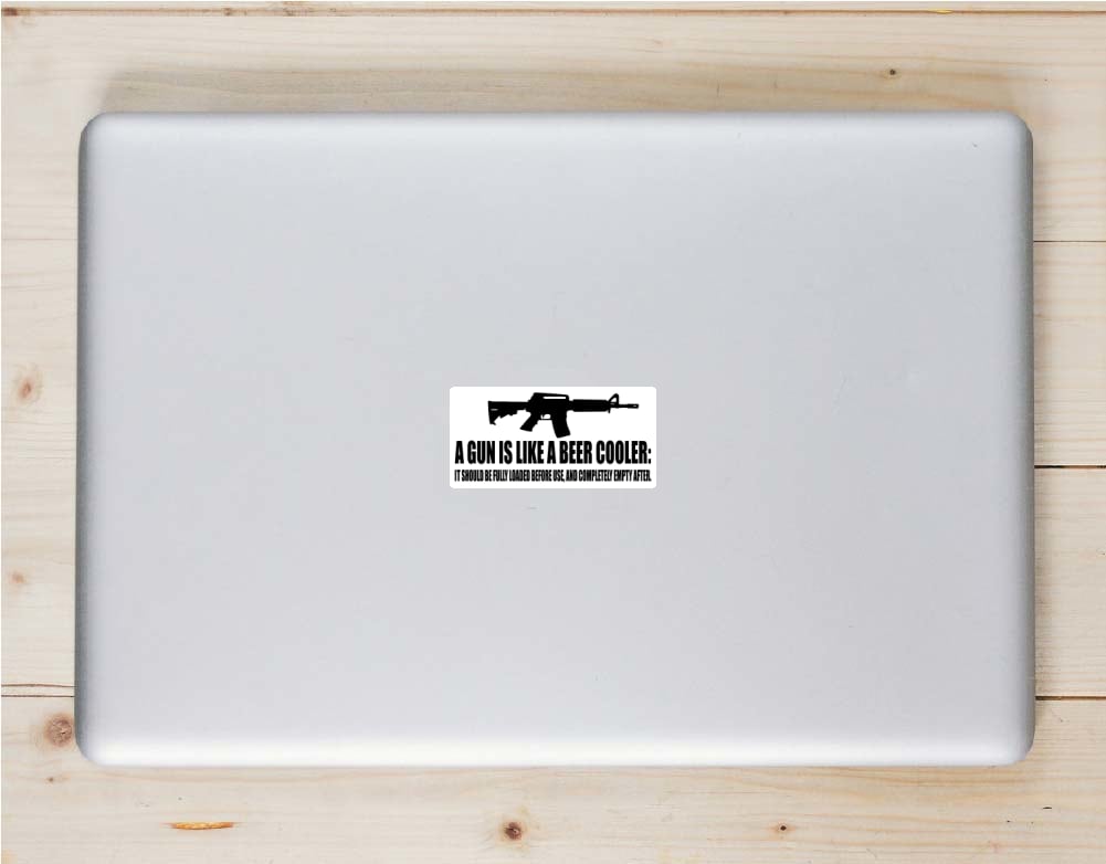 A Gun Is Like A Beer Cooler Laptop Sticker shown on a laptop lid