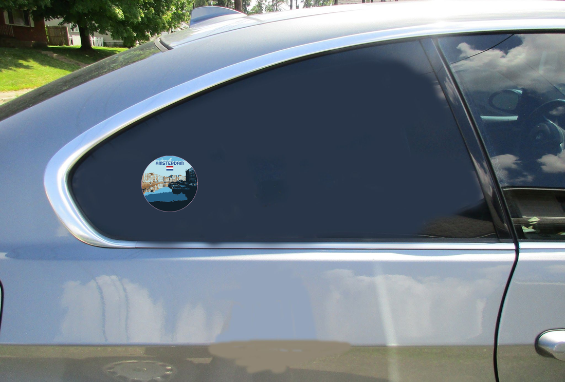 Amsterdam Netherlands City Canal Car Sticker shown on a vehicle rear window
