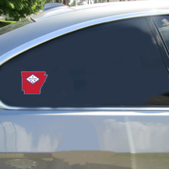Arkansas Flag State Shaped Car Sticker shown on a vehicle rear window