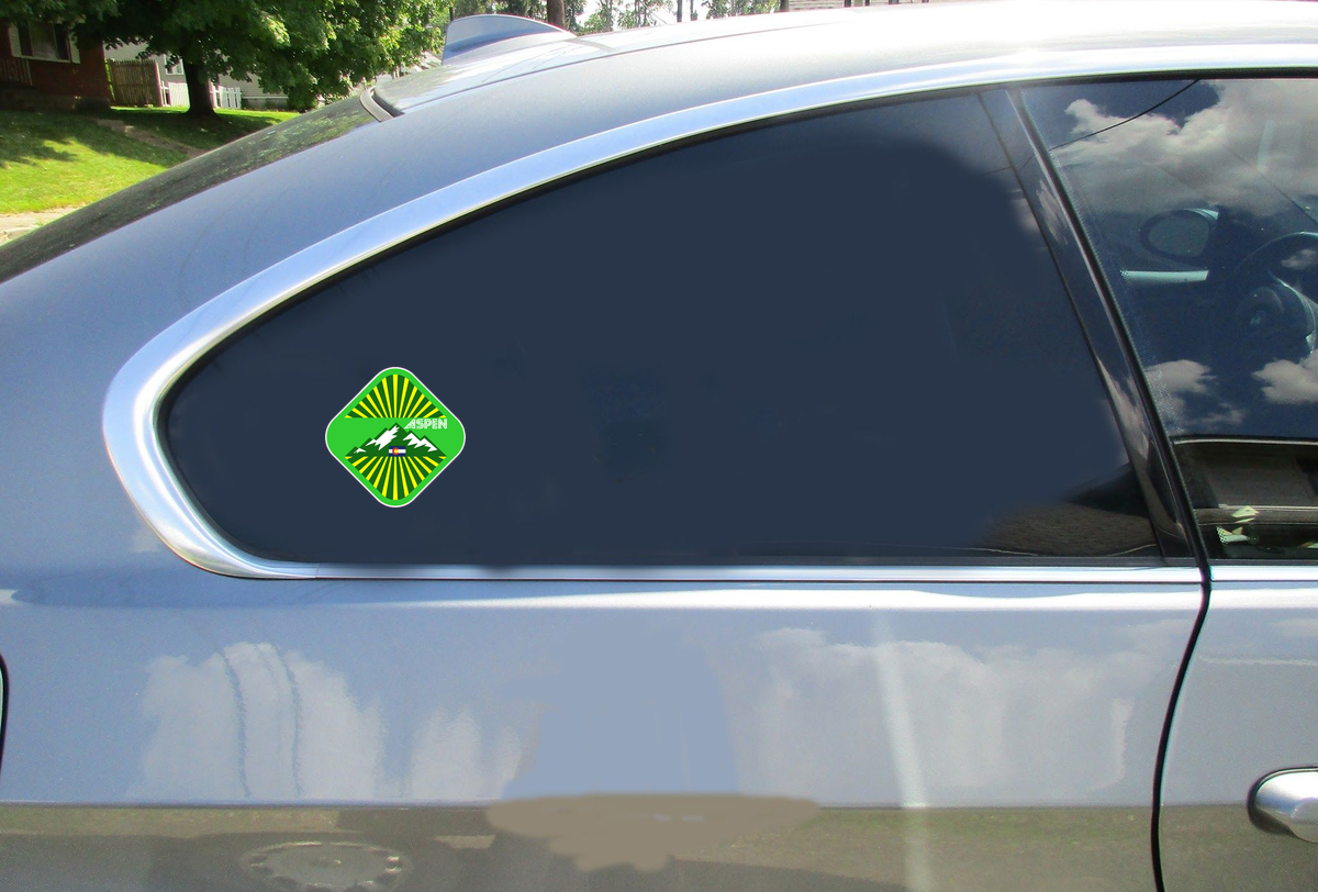 Aspen Colorado Mountain Car Sticker shown on a vehicle rear window