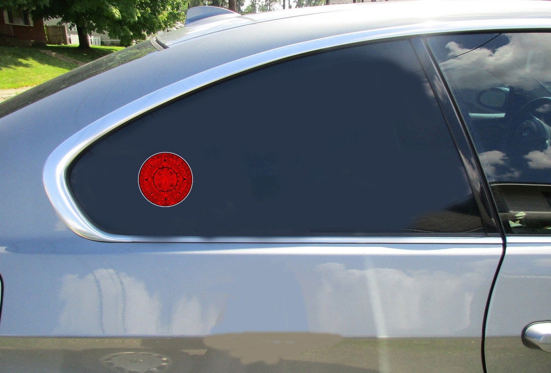 Aztec Calendar Car Sticker shown on a vehicle rear window