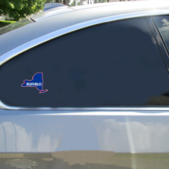 Buffalo New York State Shaped Car Sticker shown on a vehicle rear window