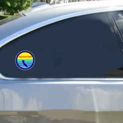 California Sunshine Retro Circle Car Sticker shown on a vehicle rear window