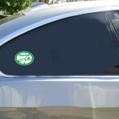 Colorado Mountains Retro Oval Car Sticker shown on a vehicle rear window