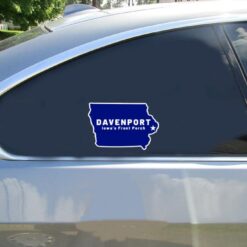 Davenport Iowa State Shaped Car Sticker shown on a vehicle rear window