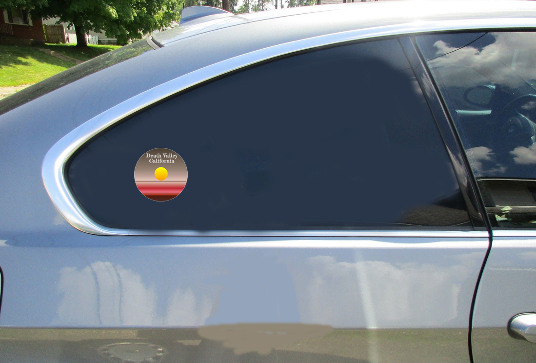 Death Valley California Circle Car Sticker shown on a vehicle rear window