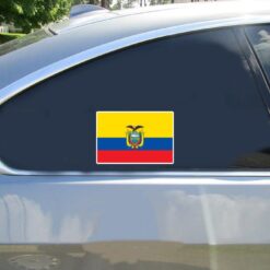 Ecuador Flag Car Sticker shown on a vehicle rear window