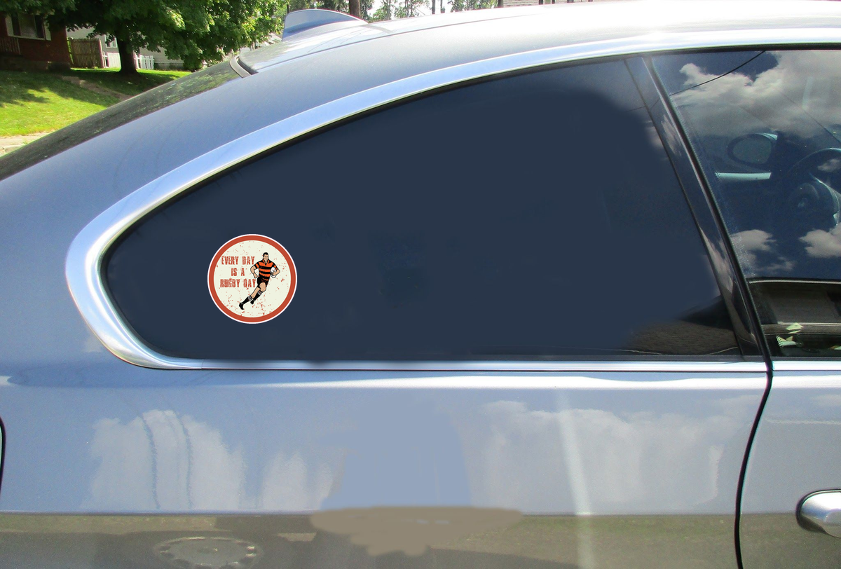 Every Day Is A Rugby Day Circle Car Sticker shown on a vehicle rear window
