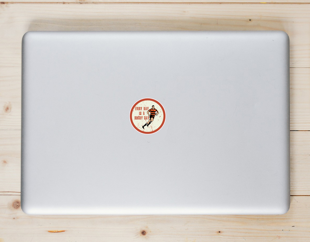 Every Day Is A Rugby Day Circle Laptop Sticker shown on a laptop lid
