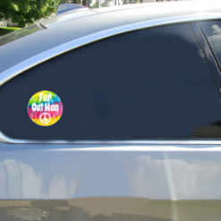 Far Out Man Tie Dye Car Sticker shown on a vehicle rear window