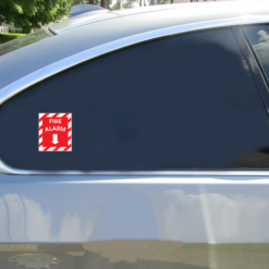 Fire Alarm Down Arrow Car Sticker shown on a vehicle rear window
