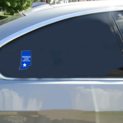 French Lick Indiana State Shaped Car Sticker shown on a vehicle rear window