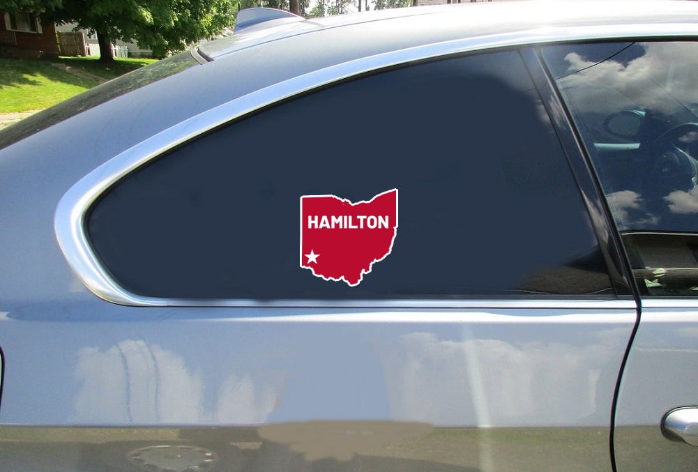 Hamilton Ohio Car Sticker shown on a vehicle rear window