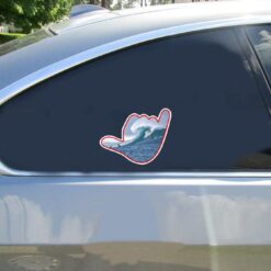 Hang Loose Surfing Wave Car Sticker shown on a vehicle rear window