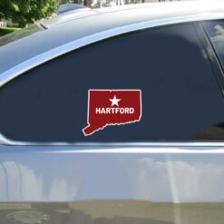 Hartford CT State Shaped Car Sticker shown on a vehicle rear window