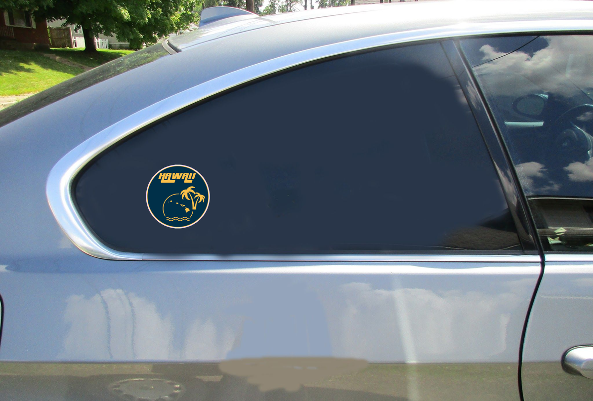 Hawaii Palm Tree Sun Circle Car Sticker shown on a vehicle rear window