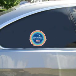 Hawaii Rainbow State Car Sticker shown on a vehicle rear window