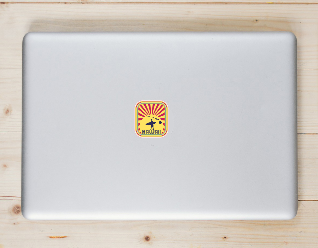 Hawaii Surfer Sunset Laptop Sticker shown on a laptop lid