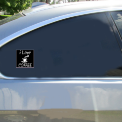 I Love Coffee Black White Square Car Decal shown on a vehicle rear window