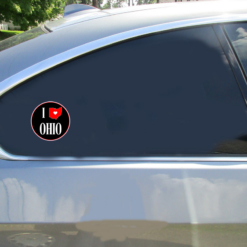 I Love Ohio State Car Sticker shown on a vehicle rear window