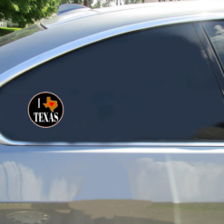 I Love Texas State Car Sticker shown on a vehicle rear window