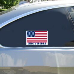 Indivisible American Flag Car Sticker shown on a vehicle rear window