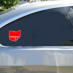 Jackson Ohio State Shaped Car Sticker shown on a vehicle rear window