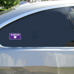 Kansas State Purple State Shaped Car Sticker shown on a vehicle rear window