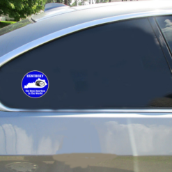 Kentucky Best Bourbon Blue Circle Car Sticker shown on a vehicle rear window