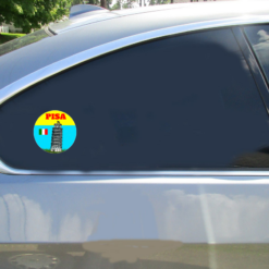 Leaning Tower Of Pisa Circle Car Sticker shown on a vehicle rear window