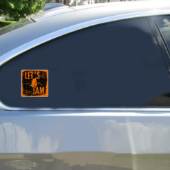 Lets Jam Guitar Player Car Sticker shown on a vehicle rear window