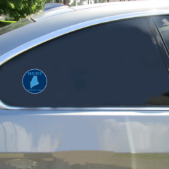 Maine-iac Maine Circle Car Sticker shown on a vehicle rear window