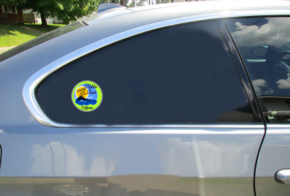 Malibu Beach California Car Sticker shown on a vehicle rear window