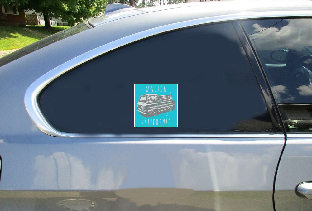 Malibu California Surf Van Car Sticker shown on a vehicle rear window