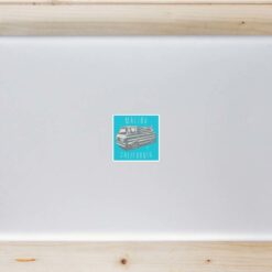 Malibu California Surf Van Laptop Sticker shown on a laptop lid