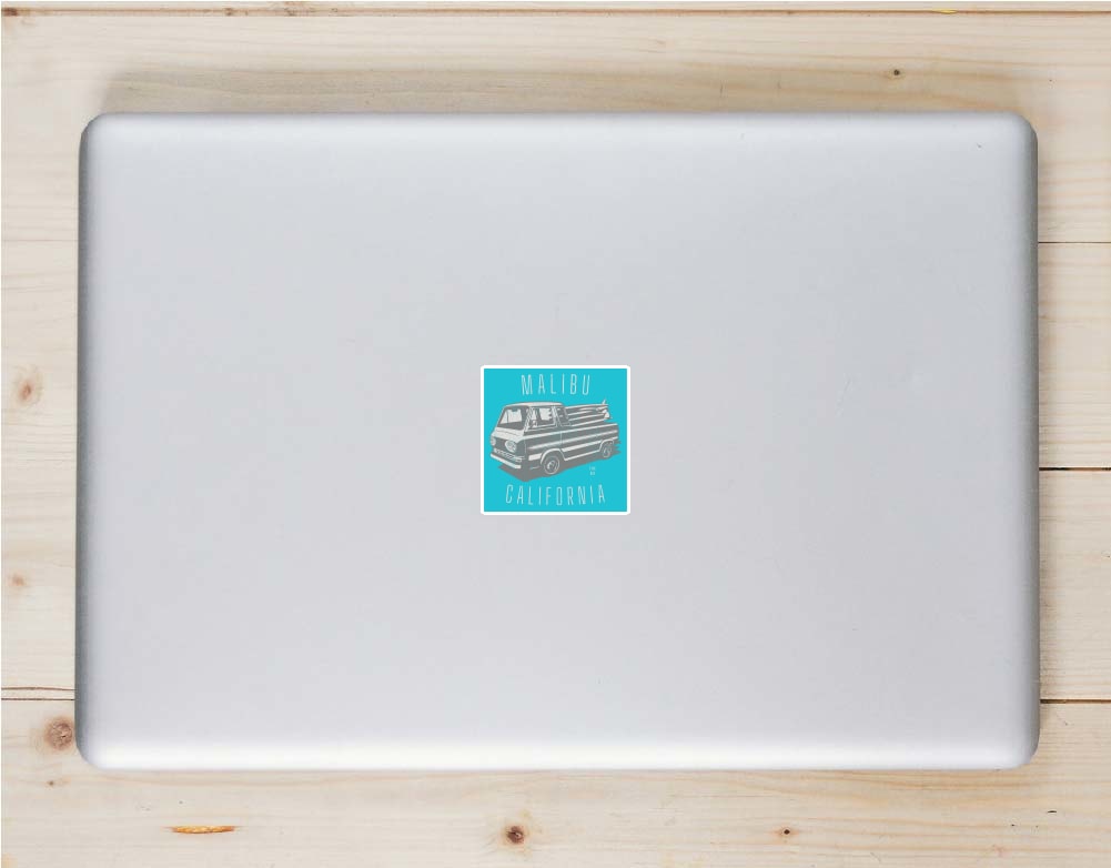 Malibu California Surf Van Laptop Sticker shown on a laptop lid