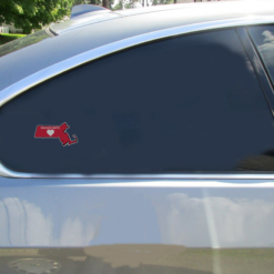 Massachusetts Heart State Shaped Car Sticker shown on a vehicle rear window