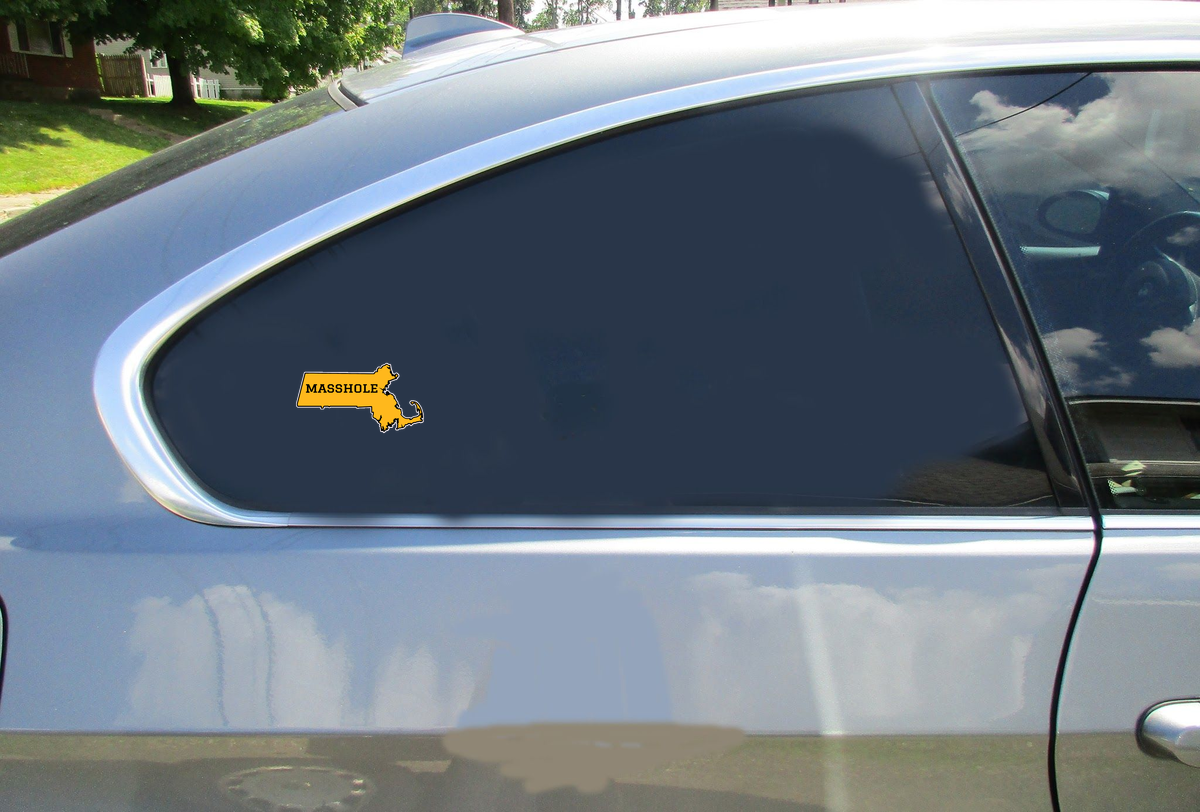 Masshole Gold Black State Shaped Car Sticker shown on a vehicle rear window