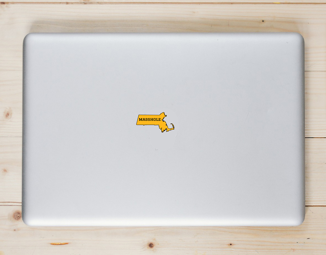 Masshole Gold Black State Shaped Laptop Sticker shown on a laptop lid