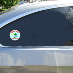 Myrtle Beach Sun Palm Water Circle Car Sticker shown on a vehicle rear window