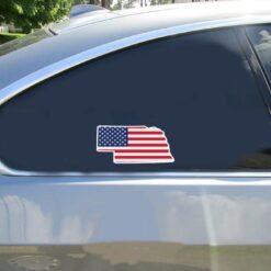 Nebraska American Flag State Car Sticker shown on a vehicle rear window