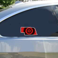 Nebraska Tie Dye State Car Sticker shown on a vehicle rear window