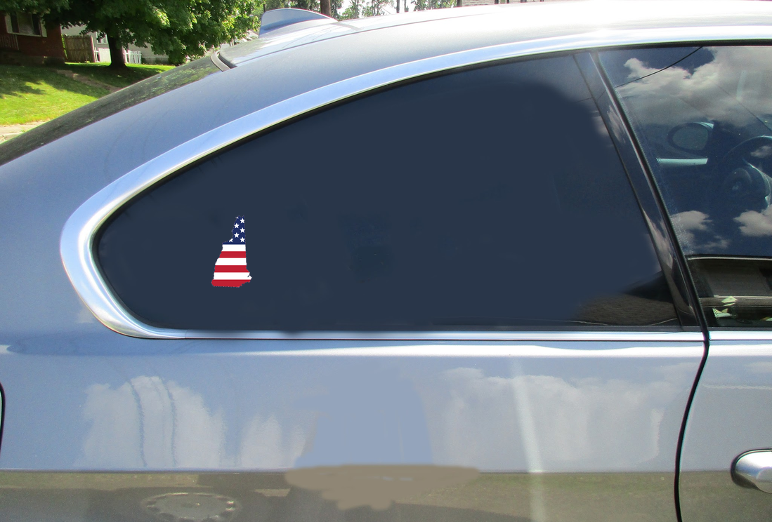 New Hampshire American Flag Car Sticker shown on a vehicle rear window
