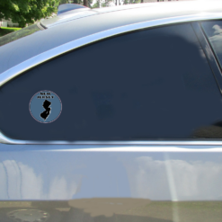 New Jersey State Circle Car Sticker shown on a vehicle rear window