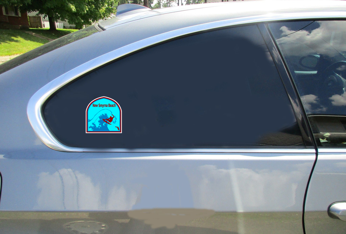New Smyrna Beach Florida Surf Car Sticker shown on a vehicle rear window