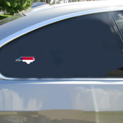 North Carolina Flag State Shaped Car Sticker shown on a vehicle rear window