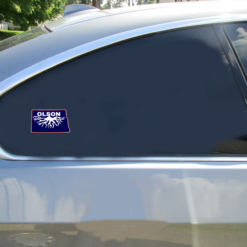North Dakota Olson Family Roots Car Sticker shown on a vehicle rear window