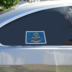 North Dakota State Shape Flag Car Sticker shown on a vehicle rear window